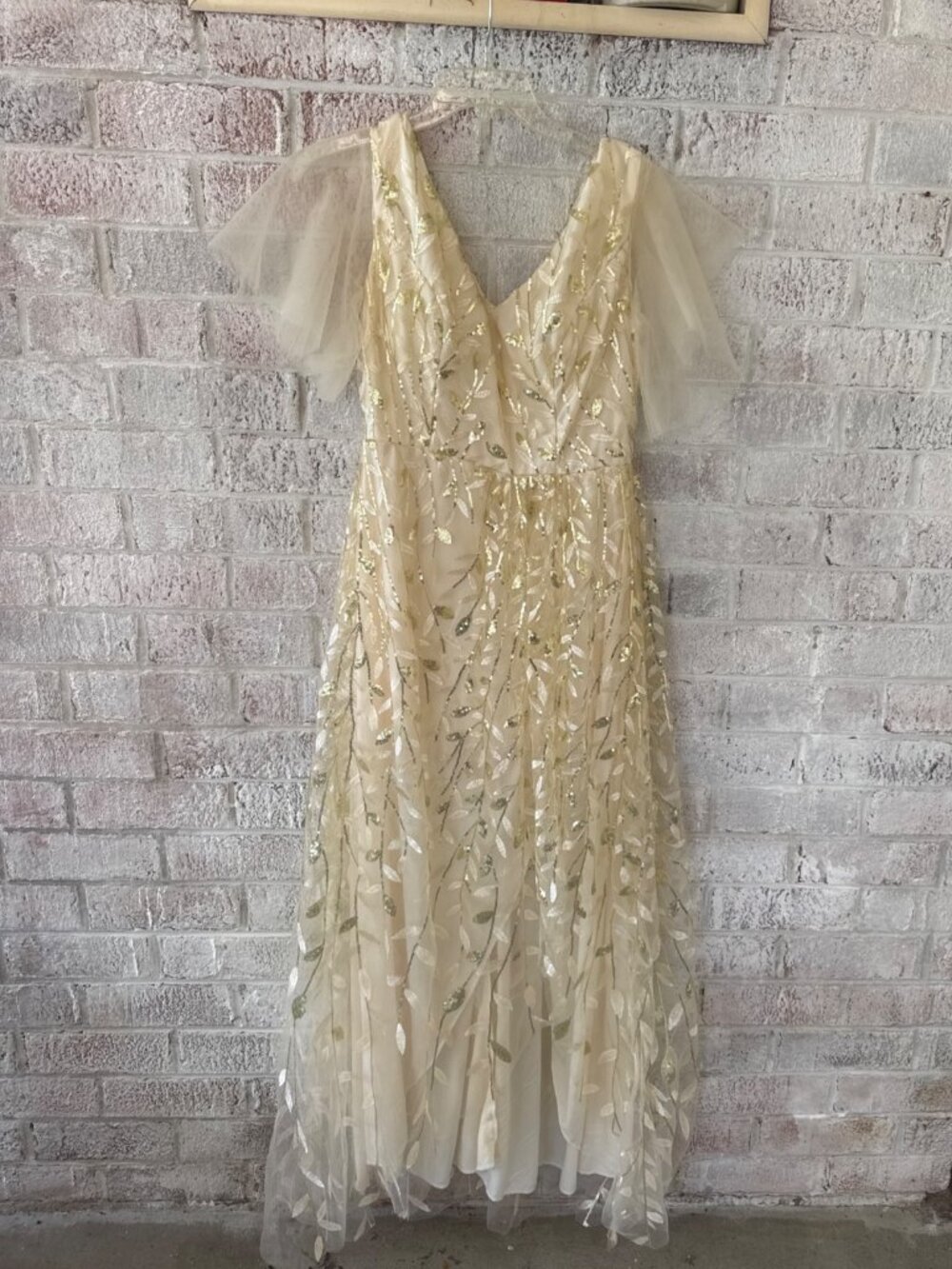 Cream Gold Embroidered Sequin Maxi Dress Boho Formal Wedding Guest size 10